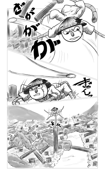 案山子のとんぼと倒れた木々